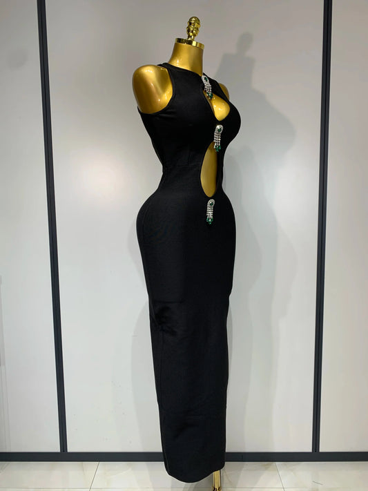 Women Celebrity Sexy Cut Out Diamonds Black Long Bodycon Bandage Dress Elegant Evening Club Party Luxury Birthday Dresses
