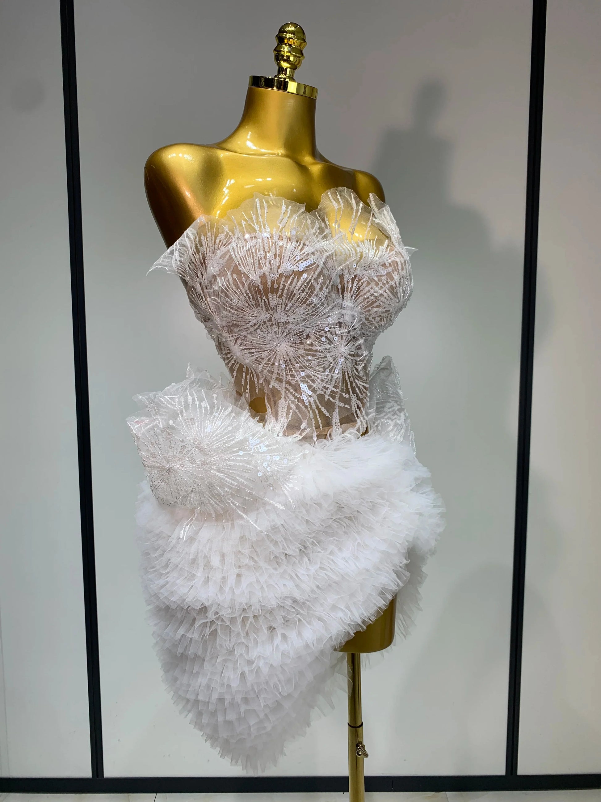 Sexy Strapless Tops Mesh Mini Skirt Two Piece Set Women Evening Party Nightclub Singer Stage Costume Luxury Birthday Gown