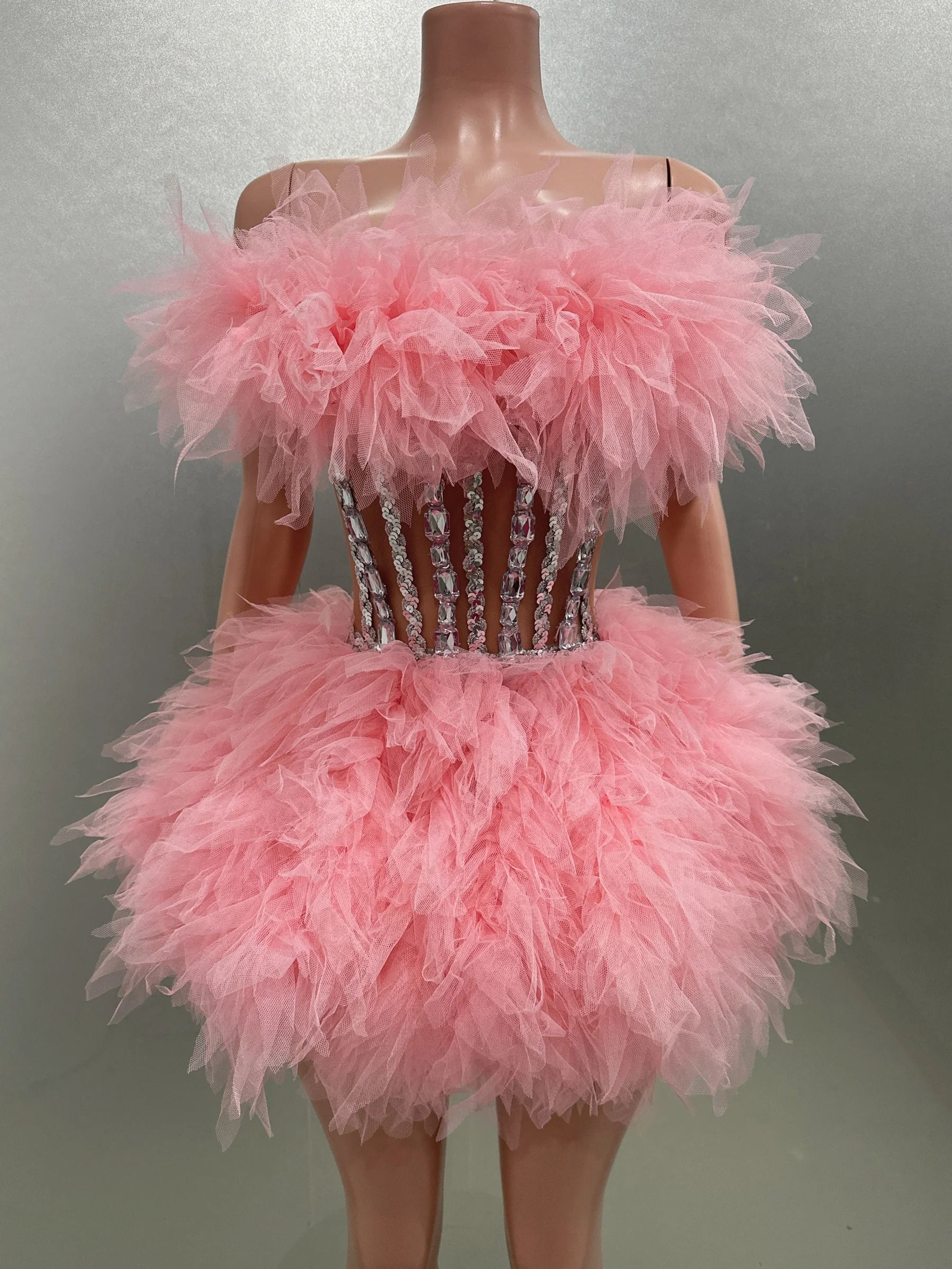 Celebrity Nightlcub Party Birthday Photo Shoot Dress Women Sexy Strapless Mesh Ruffles 2 Pieces Ball Gown Mini Dress Pink