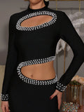 Sexy Women's Pearl Nail Bead Design Bandage Long Dress Stand Collar Long Sleeve Bodycon Hollow Dress Cocktail Banquet Dress