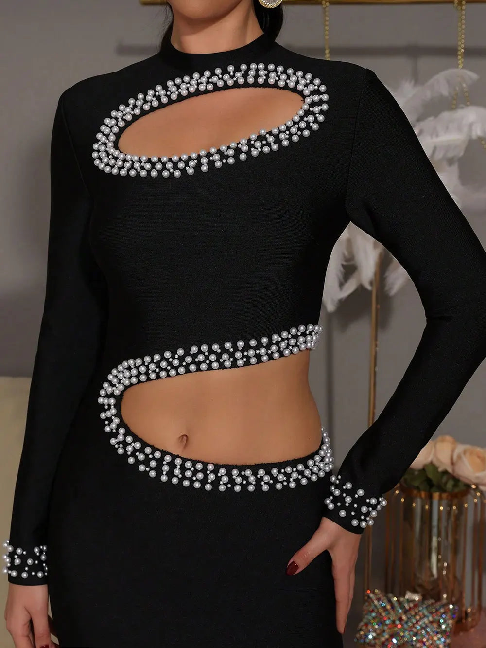 Sexy Women's Pearl Nail Bead Design Bandage Long Dress Stand Collar Long Sleeve Bodycon Hollow Dress Cocktail Banquet Dress