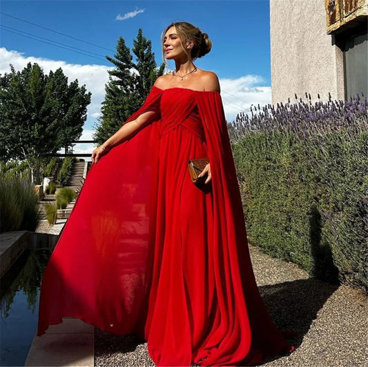 Elegant Red Chiffon Prom Dress Off The Shoulder Long Cape Sleeves Pleated Floor Length Evening Dress vestidos de gala Red