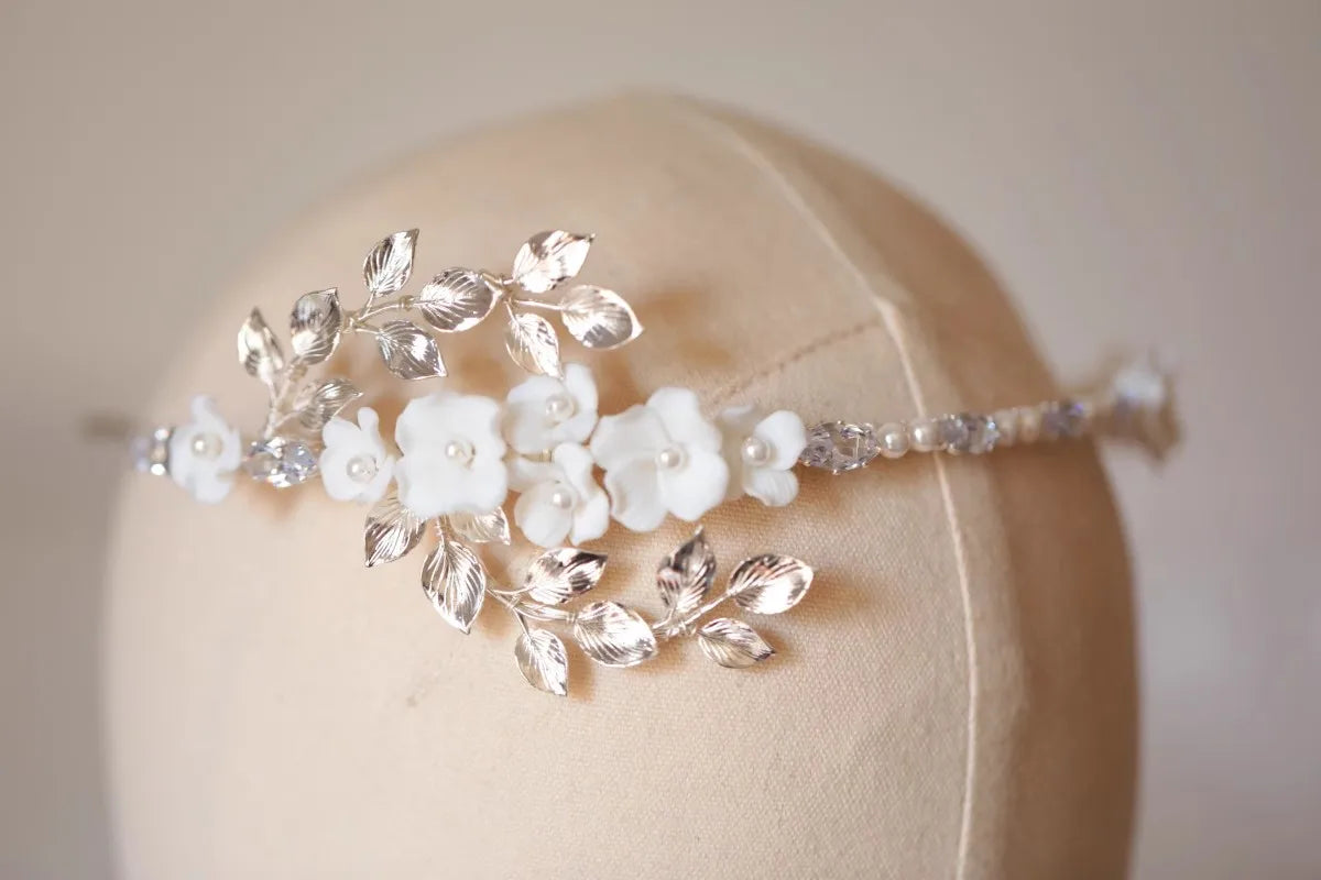 Wedding Hair Accessories Porcelain Flower Headband Tiara Crystal Pearl Headwear For Brides Women Headpieces Crown Bridal Jewelry