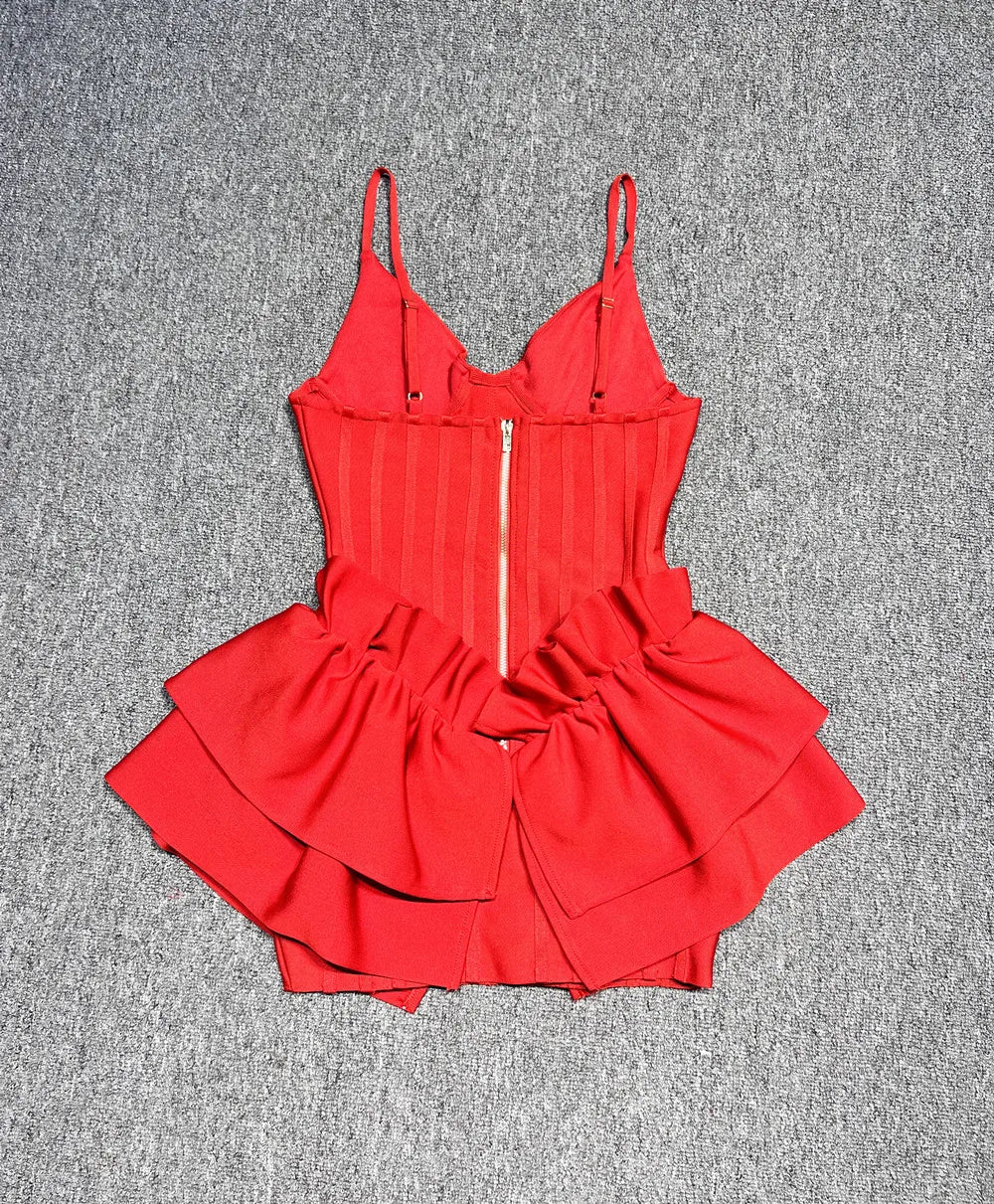 Red Color Women Sleeveless Sexy V-Neck Bodycon Mini Bandage Dress Ruffles Fashion Celebrate Birthday Party Girls' Dress Vestido