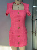 Elegant Women's Small Fragrant Dress Square Neck Short Sleeve Button Design Bodycon Mini Dress Evening Party Vestidos Rose Red