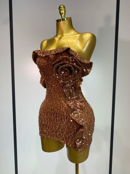 Women Sexy Strapless Backless Brown Sequins Mini Dress Celebrity Elegant Evening Party Club Luxury Birthday Guest Gown