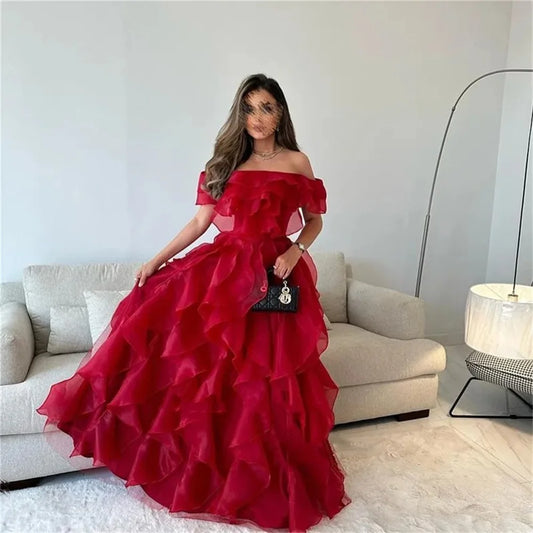 Off Shoulder Prom Dress Edge Curl Organza Vestidos De Noche Elegant Multilayer Puffy Prom Dress Maxi Weddding Dress