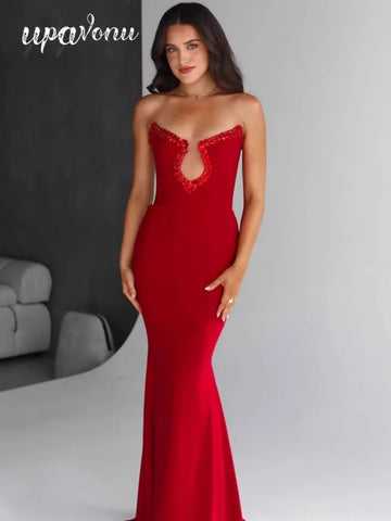 Sexy Women'S Light Luxury Bead Design Red Bandage Dress Strapless Sleeveless Bodycon Backless Long Dresses Party Vestidos