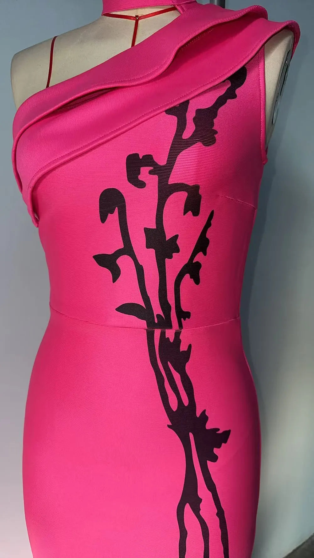 Sexy Women's Printed Bandage Dress with Hanging Neck Slant Neck Sleeveless Ruffle Bodycon Long Dress Evening Party Vestidos