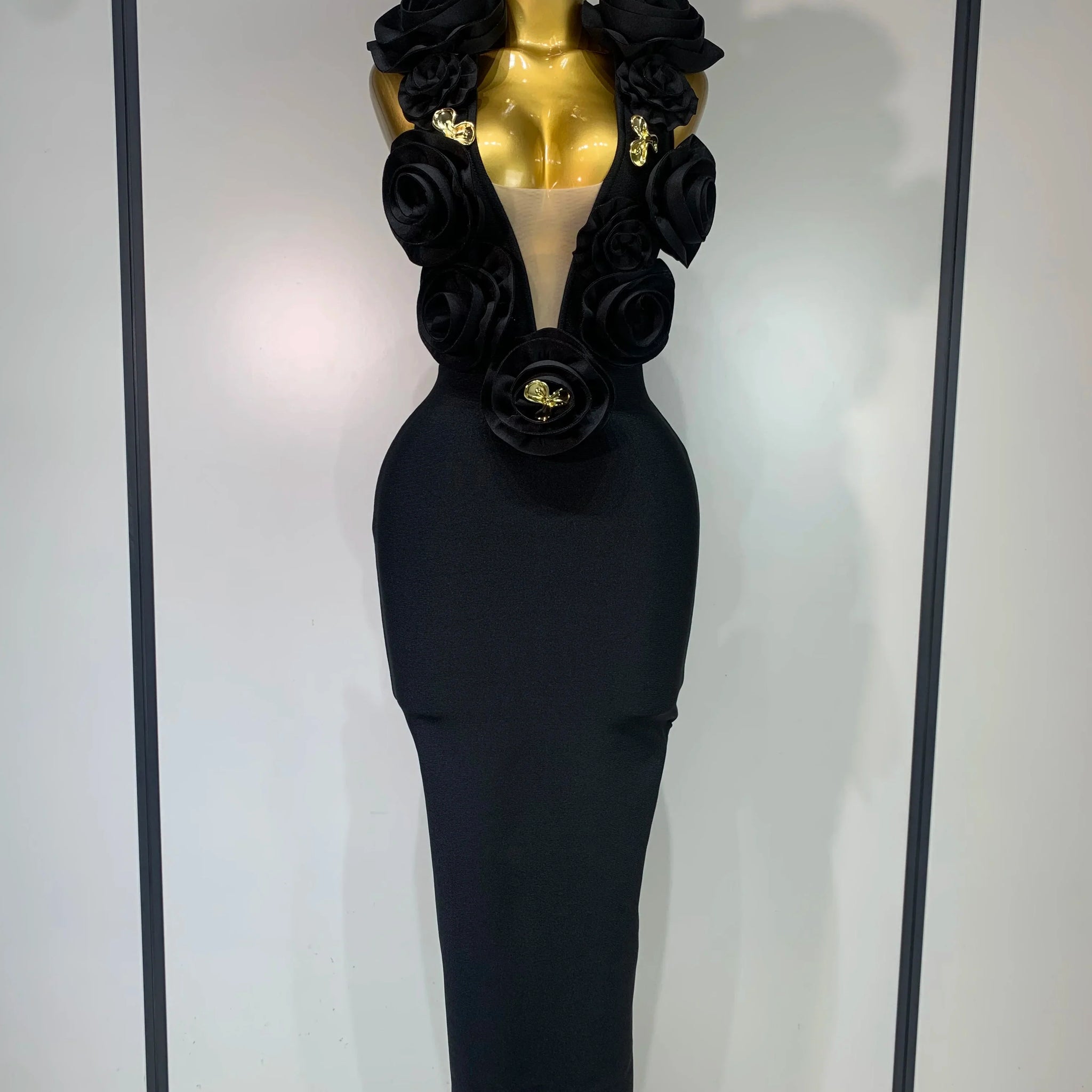 Fashion Black 3D Flower Bodycon Long Bandage Dress Celebrity Elegant Party Birthday Dress Women's Sleeveless Sexy Vestidos black