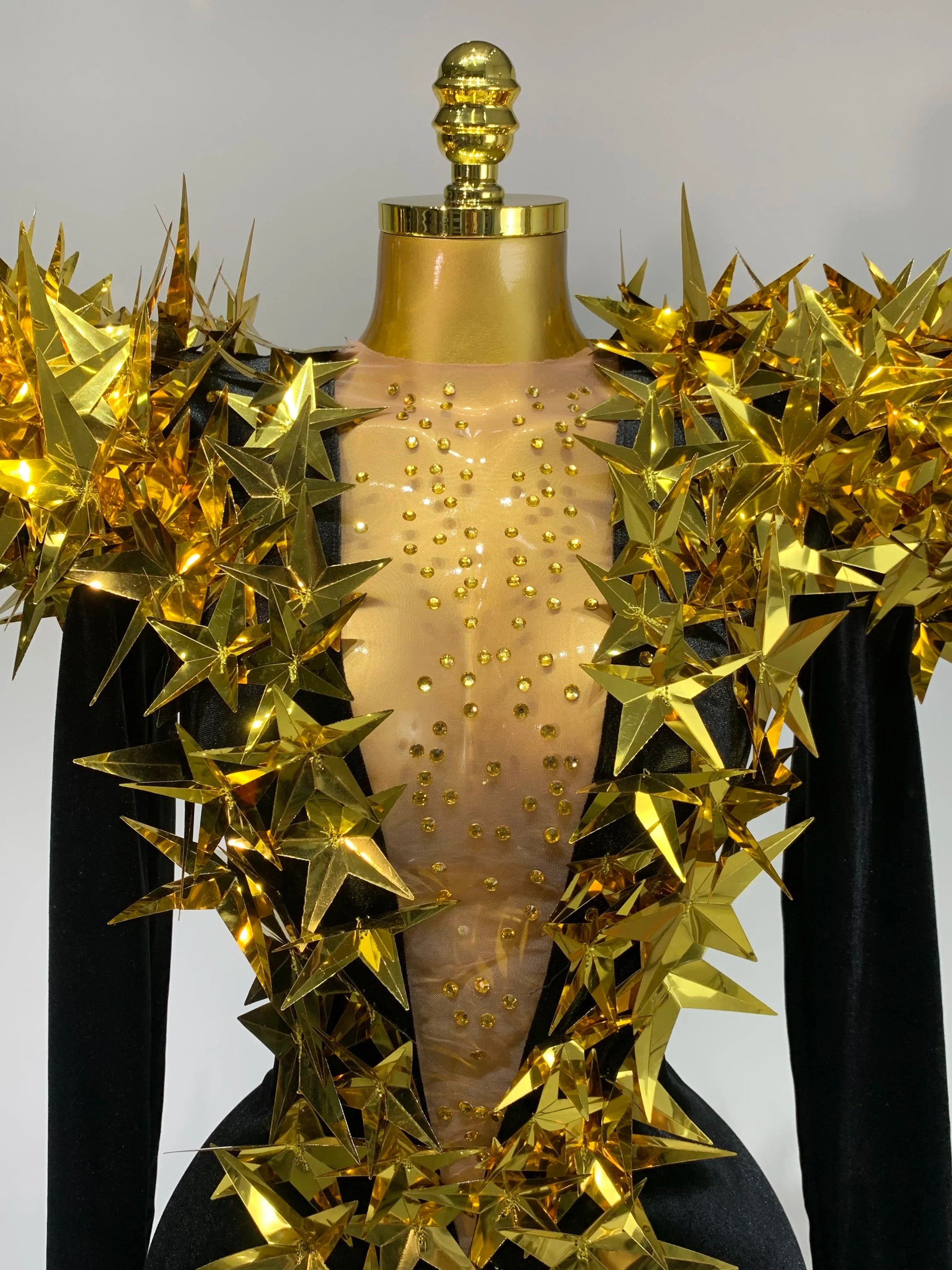 Women Sparkly Gold Rhinestone Black Velvet Long Sleeve Bodysuit Evening Party Club Gala Hosts Night Club Bar Stage Costumes