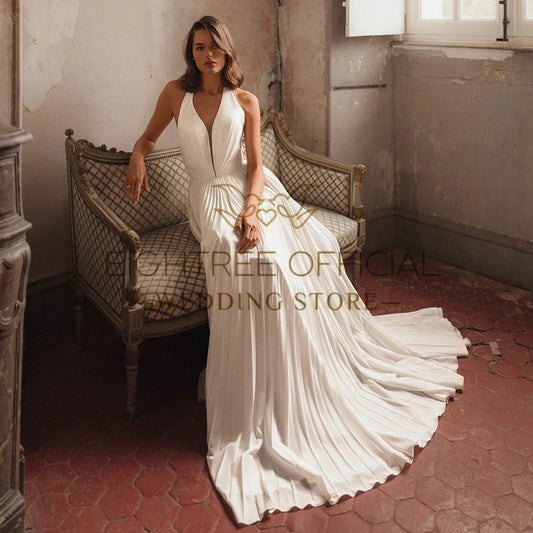 White A-Line Wedding Dresses Halter Neck Sleeveless Backless Bridal Dress Formal Wedding Ball Prom Gowns Customized