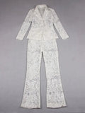 Sexy Autumn Women's Sequin Perspective Suit Pants Set with Polo Collar Long Sleeve Slim Fit Suit Coat+Flare Pants Two Piece Set WHITE