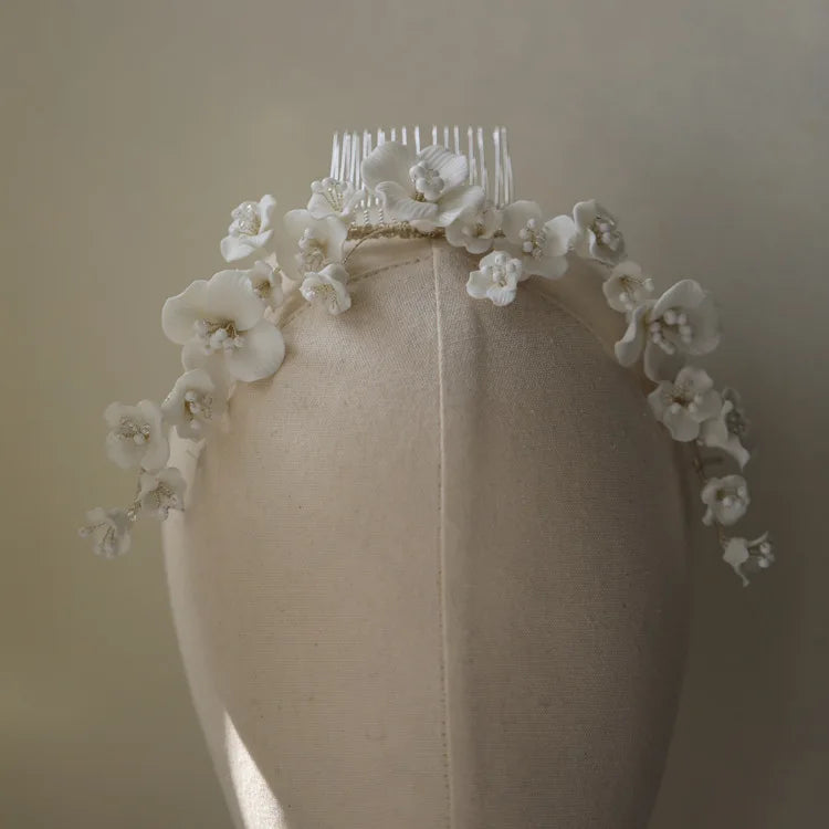 Bridal Jewelry Porcelain Flower Headband Gold Silver Color Hair Comb Pin For Brides Women Headwear Heapieces Wedding Accessories a silver color