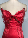 Sexy Women'S Light Luxury Nail Bead Design Tailcoat And Floor Dress Strapless Sleeveless Bodycon Backless Marx Red Dresses