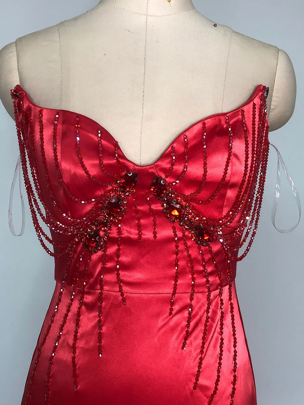 Sexy Women'S Light Luxury Nail Bead Design Tailcoat And Floor Dress Strapless Sleeveless Bodycon Backless Marx Red Dresses