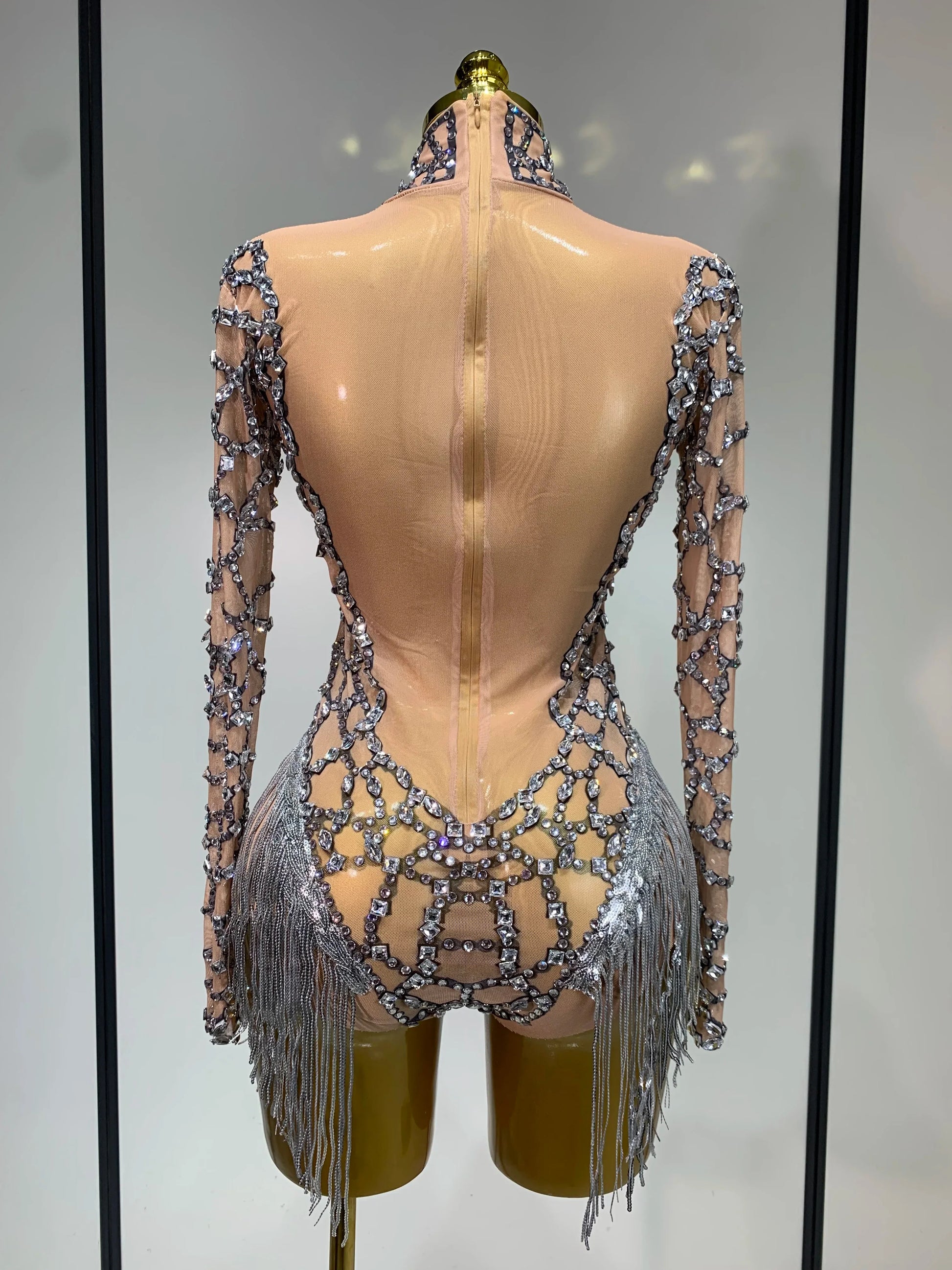 Shining Diamond Tassel Bodysuit Nightclub Stage Tight Mesh Long Sleeved High Quality Nightclub Singer Performance Costume