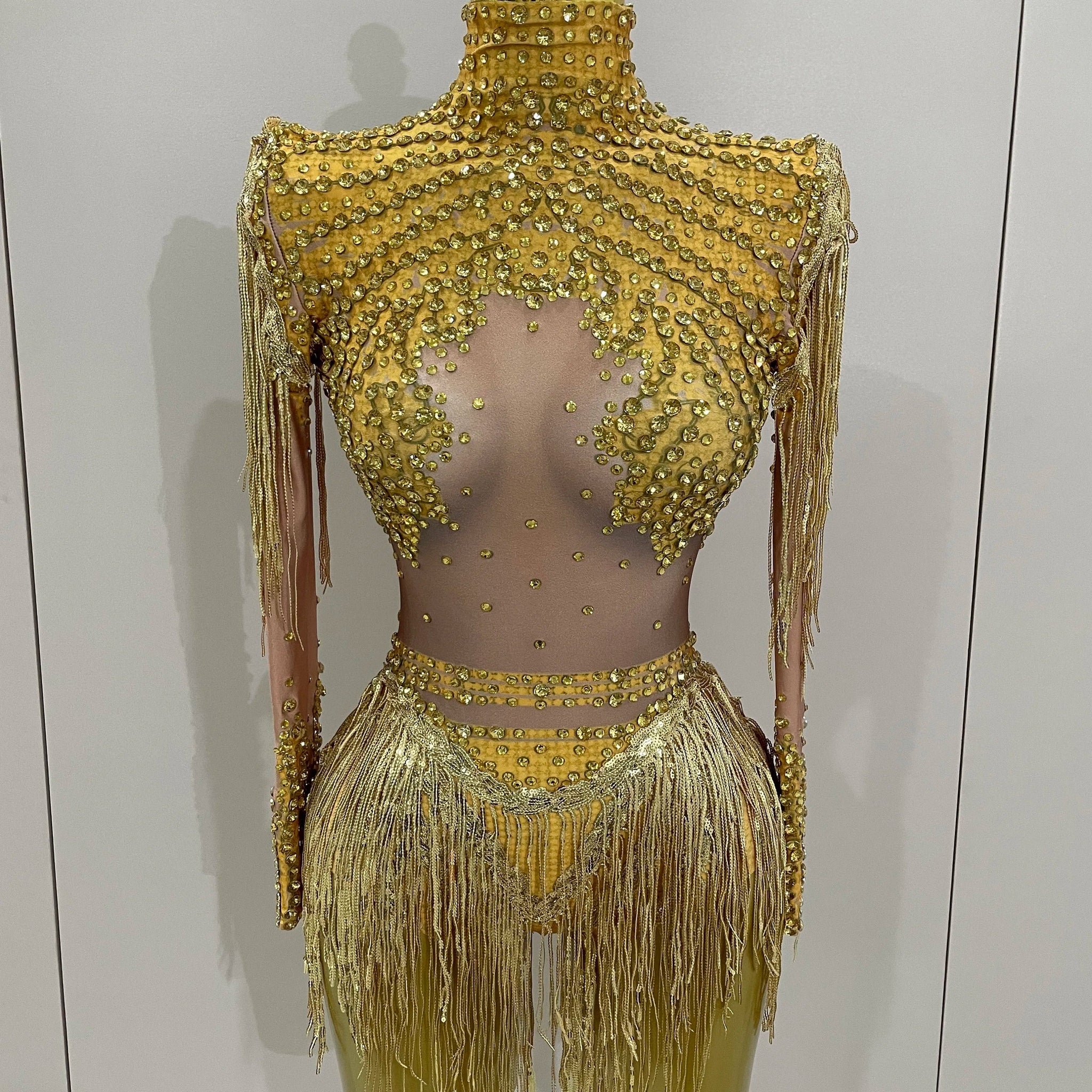 Sparkly Rhinestone Sequin Tassel Stretch Bodysuits Women Birthday Party Nightclub Dj Stage Performance Costume Gold