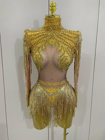 Sparkly Rhinestone Sequin Tassel Stretch Bodysuits Women Birthday Party Nightclub Dj Stage Performance Costume Gold