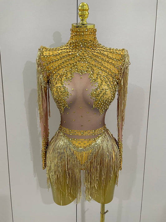 Sparkly Rhinestone Sequin Tassel Stretch Bodysuits Women Birthday Party Nightclub Dj Stage Performance Costume Gold