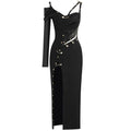 2023 Autumn Golden Clip Hollow Out One Shoulder High Split Long Dress Fashion Woman Evening Party Dress Cocktail Party Vestido black