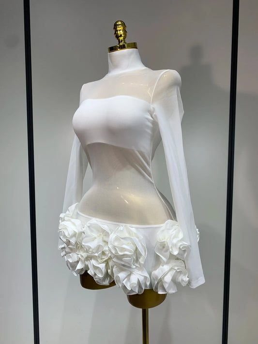 Women Sexy Mesh See through Stereoscopic Flowers White Red Mini Bandage Dress Birthday Evening Party Club Singer Perform Costume
