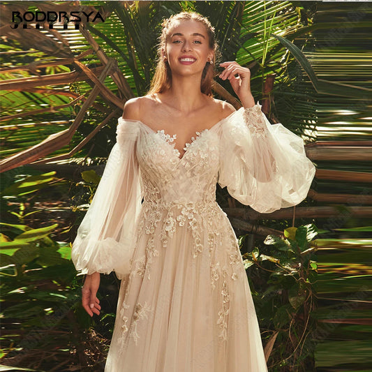 Light Champagne Wedding Dresses Pastrol Puff Long Sleeves 3D Flowers Bride Gowns A-Line Sexy Backless vestidos de novia