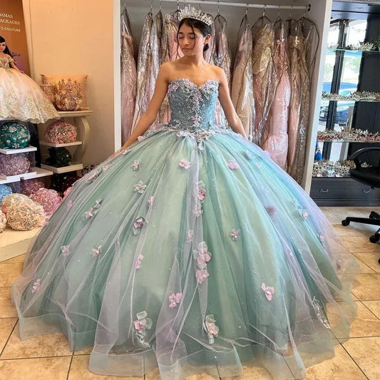 Sweetheart 3D Flowers Quinceanera Dresses With Bow Beading Appliques Princess Birthday Party Prom Gown Corset Back