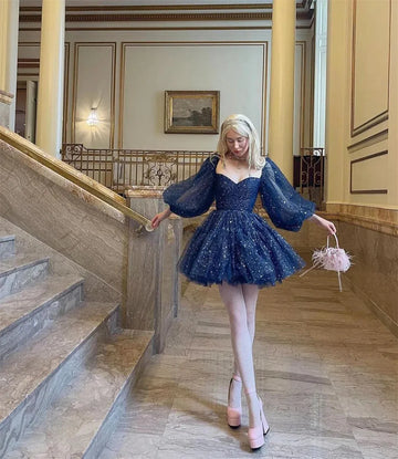 Sansa Dark Blue Glitter Tulle Mini Dress with Sweetheart Heart-Shaped Neck and Puffy Sleeves for Prom As Picture