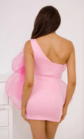 Pink Color Women Sexy One Shoulder Big Florals Bodycon Mini Dress Girls' Cute Birthday Party Celebrate Cocktail Dress