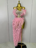 Women Pink Ruffles Sexy Strapless Mini Tops 2 PCS Set Dress Nightclub Bar Birthday Party Evening Stage Performance Costume Pink