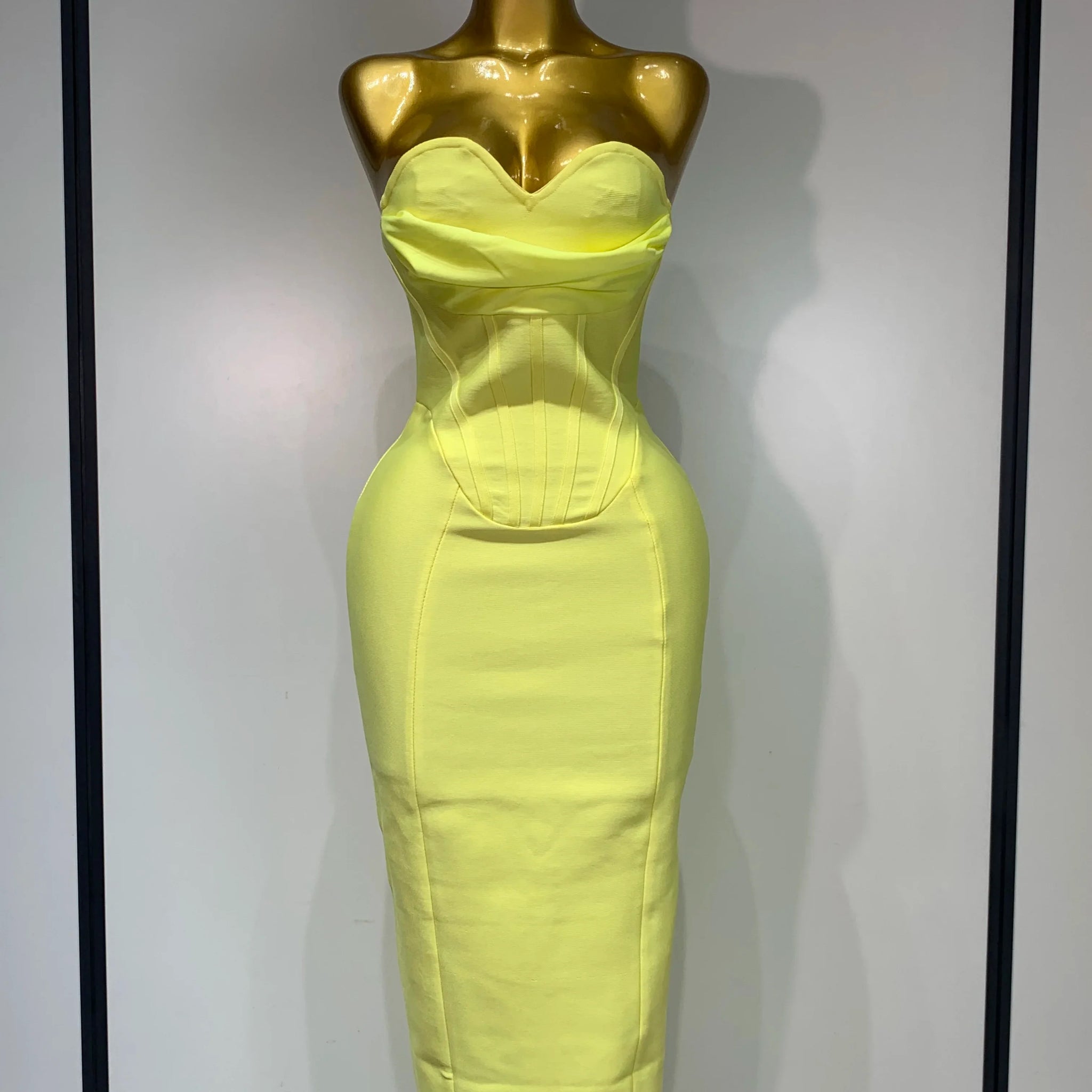 Newest Women Strapless Sexy Yellow Stretch Bodycon Bandage Dress Elegant Evening Party Luxury Birthday Celebrity Prom Gown Yellow