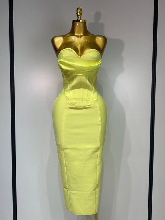 Newest Women Strapless Sexy Yellow Stretch Bodycon Bandage Dress Elegant Evening Party Luxury Birthday Celebrity Prom Gown Yellow