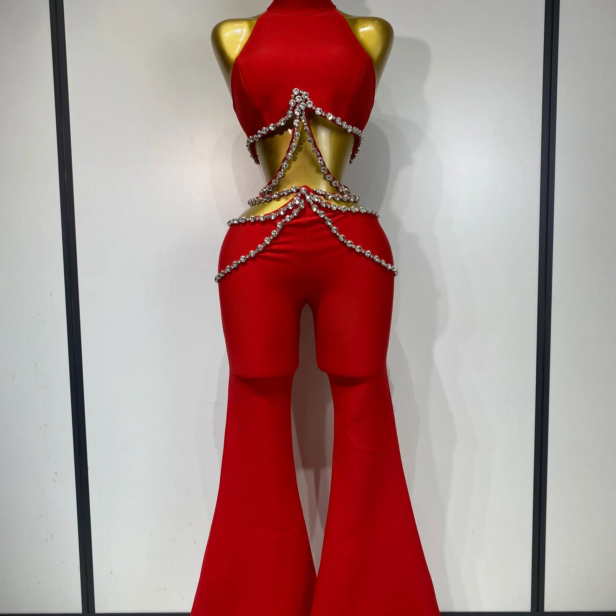 Women Luxury Rhinestone Red Sexy Cut Out Two Piece Pants Bandage Set Celebrity Designer Fashion Women's Set Stage Outfit Rose Red