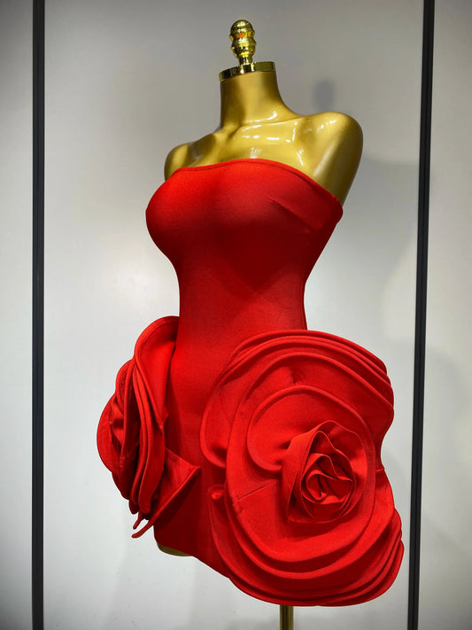 Celebrity Sexy Strapless Backless Flower Red Mini Bodycon Bandage Dress Knitted Elegant Evening Club Luxury Birthday Dress
