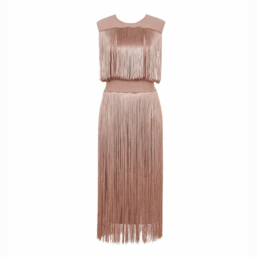 Tassel Patchwork Party Fashion Midi Dress Women Summer Sleeveless Solid High Street Ladies Vestidos Khaki