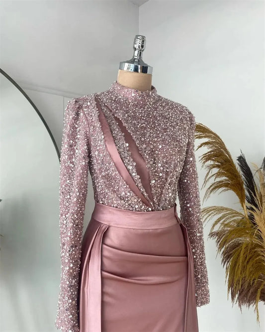 Pink Glitter vestidos de noche O-neck Mermaid Satin Prom Dresses Elegant Long Sleeves Floor-Length Formal Evening