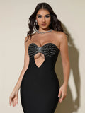 2025 Spring Women's Bandage Dress Sexy Strapless Sleeveless Water Diamond Hollow Design Bodycon Dress Evening Club Party Vestid