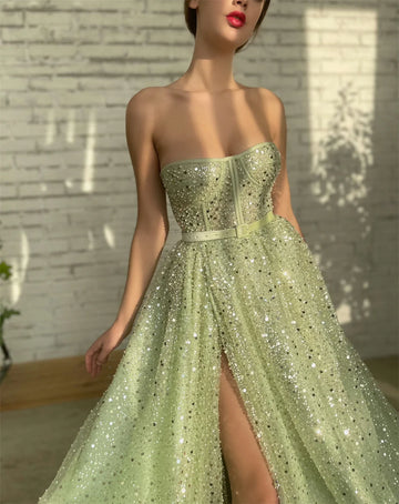 Glitter Evening Dress Shiny Strapless Prom Dress Sexy A-line Party Dress Green Sequin Side Split Prom Gown