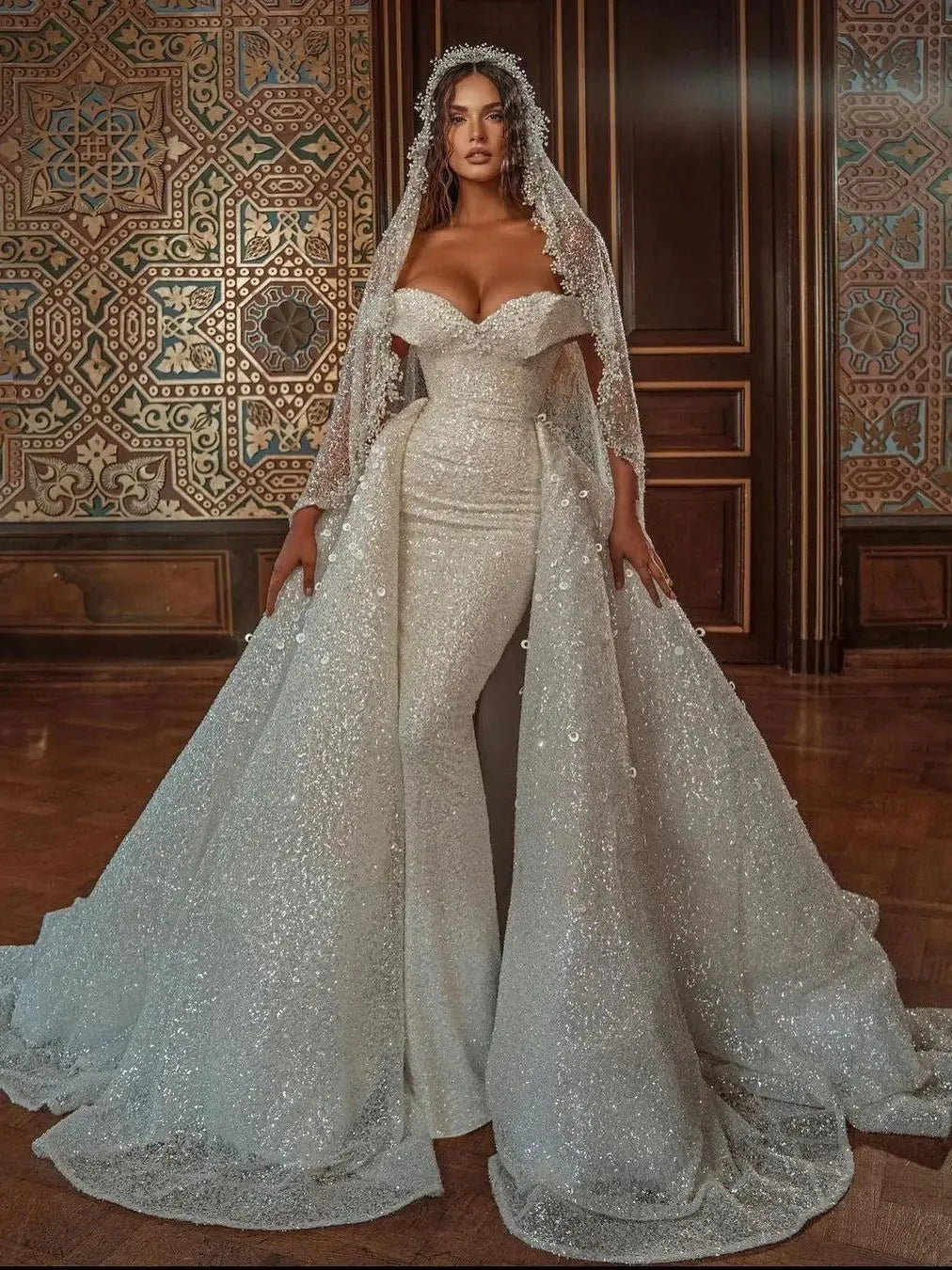sachin and babi light blue dress Ignite Evenings Embellished 3/4 Sleeve Ruched Bodice Boat Neck Column Gown main image 1