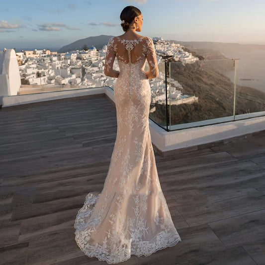 Exquisite Lace Tulle Mermaid Wedding Dresses Sweetheart Lone Sleeve Bridal Gowns Morden Appliques Button Pleat Vestido de Novia