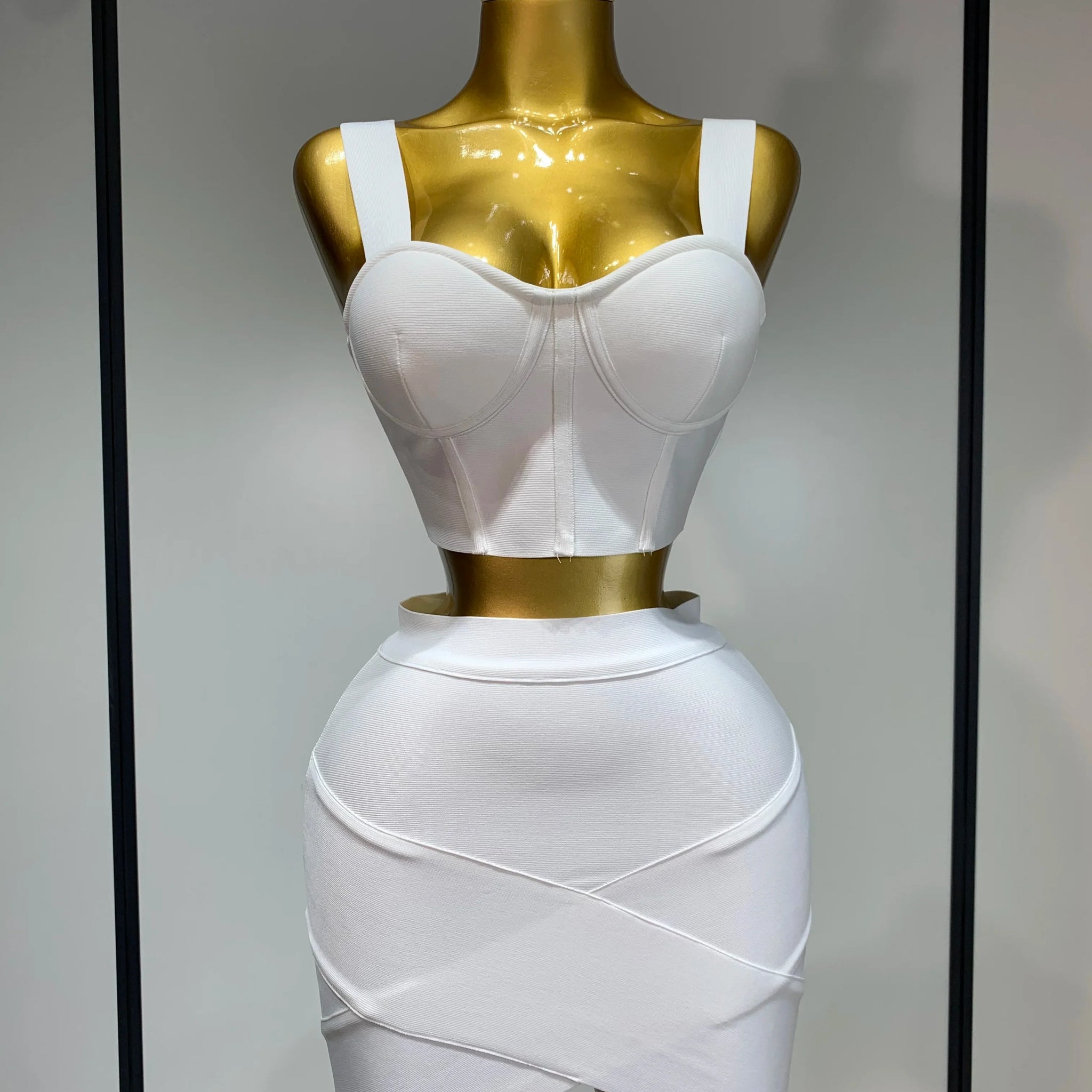 Women Sexy Top Short Skirt Bodycon Bandage Two Pieces Sets White Black Evening Party Luxury Birthday Outfit Nightclub Suits WHITE