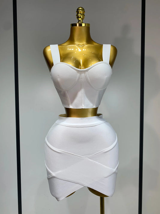 Women Sexy Top Short Skirt Bodycon Bandage Two Pieces Sets White Black Evening Party Luxury Birthday Outfit Nightclub Suits WHITE