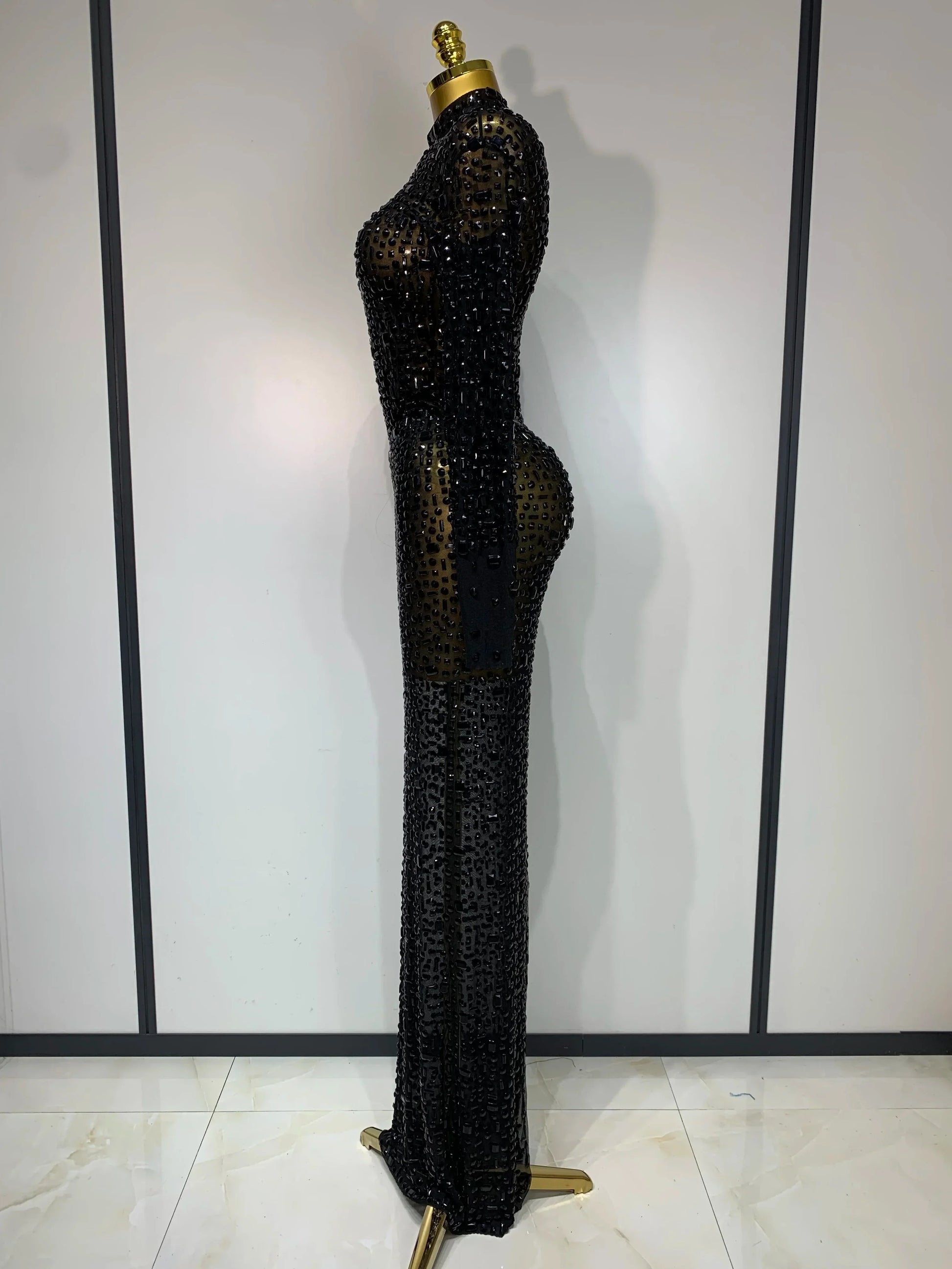 Sparkly Luxury Rhinstones Long Sleeve Elegant Party Dress Women Performance Stage Outfit Evening Birthday Prom Gown