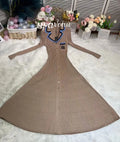 Elegant Women's Slim Fit Knitted Dress Fashionable Polo Neck Short Sleeve Single breasted Design Split Knitted Mid length Dress Brown Long Sleeve