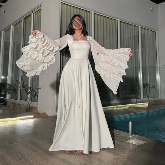 Elegant Arabia A-Line White Prom Dress Chiffon Long Cape Sleeves Ruffles Floor Length Evening Dress vestido de gala White