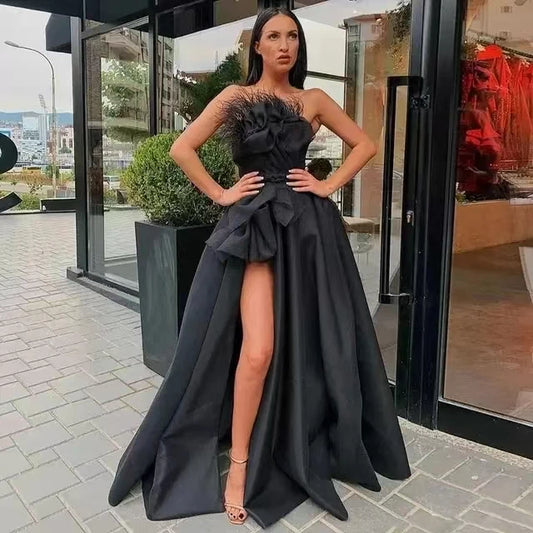 Sexy Side Split Satin Prom Dresses Strapless Long Formal Occasion Dress Party Gowns Black Women Evening Dresses Black