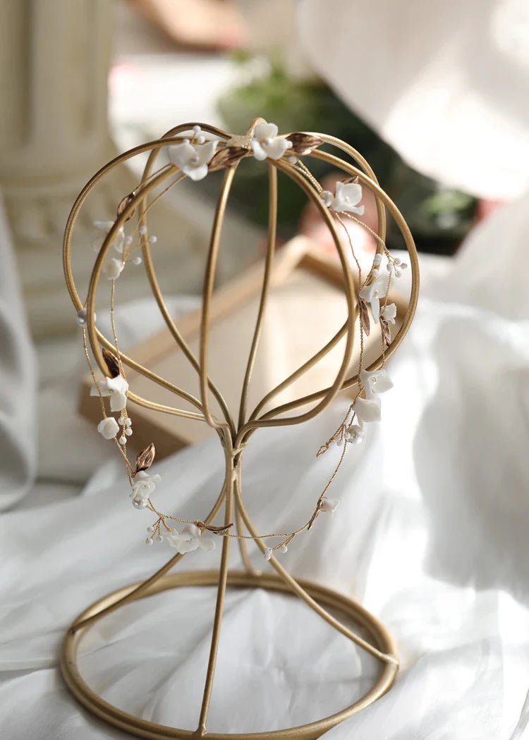 Wedding Hair Accessories Porcelain Flower Headband Hairband Vintage Gold Color Headpiece Brides Pearl Headwear Bridal Jewelry