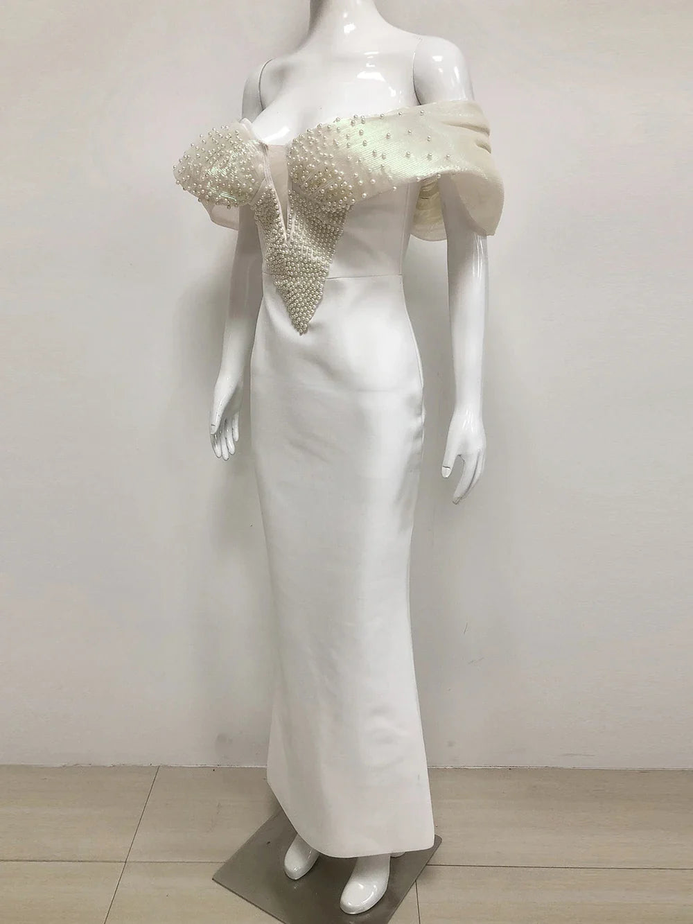 Women Sexy Pearl Beading Tight Maxi Bandage Dress Off The Shoulder Patchwork Bodycon Clothes Club Evening Party Elegant Gown