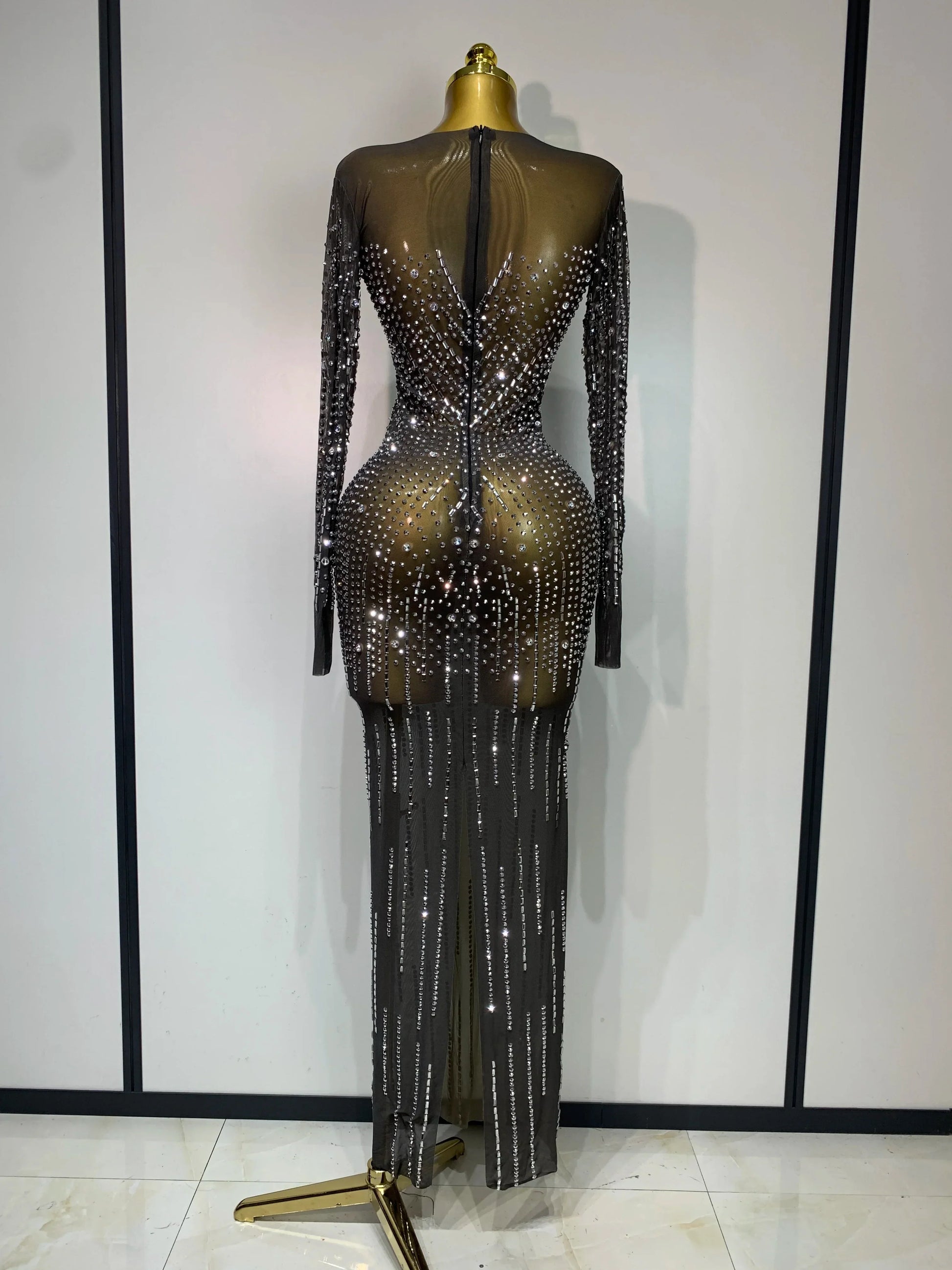 Women Sexy Long Sleeve Mesh See Through Dress Elegant Evening Party Luxury Birthday Club Rhinestone Performance Costume
